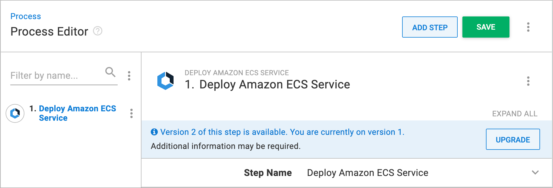 Screenshot showing a step template upgrade available