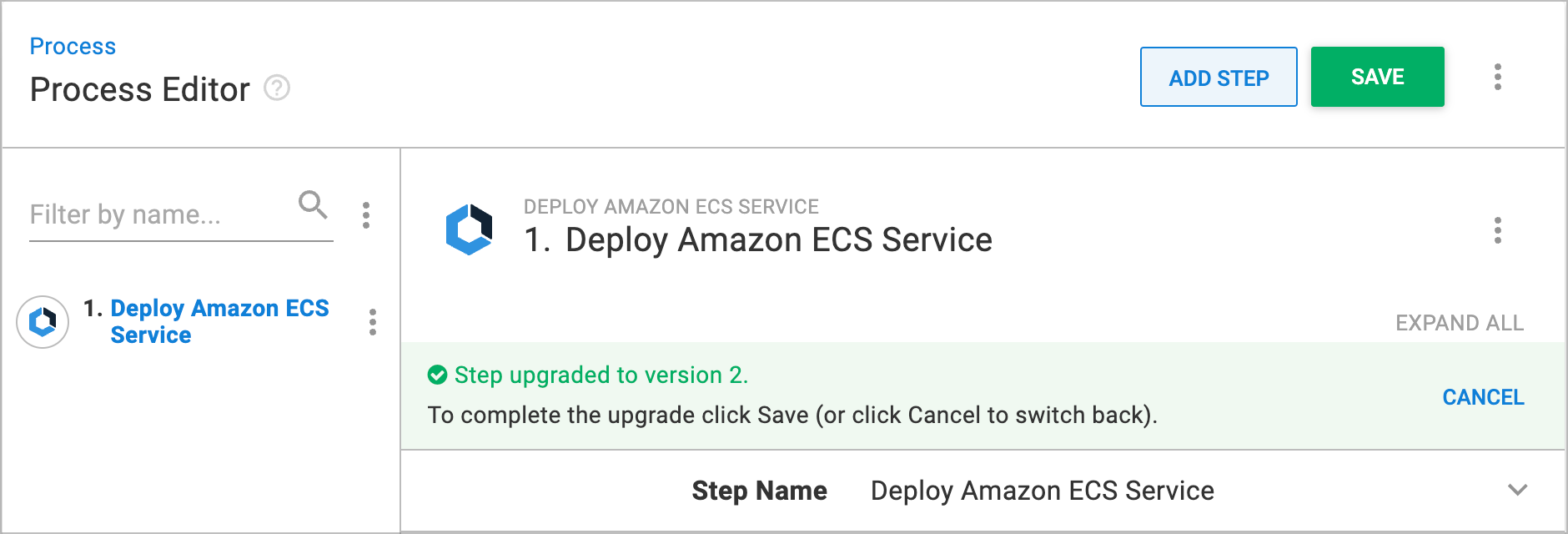 Screenshot showing a step template upgrade successfully