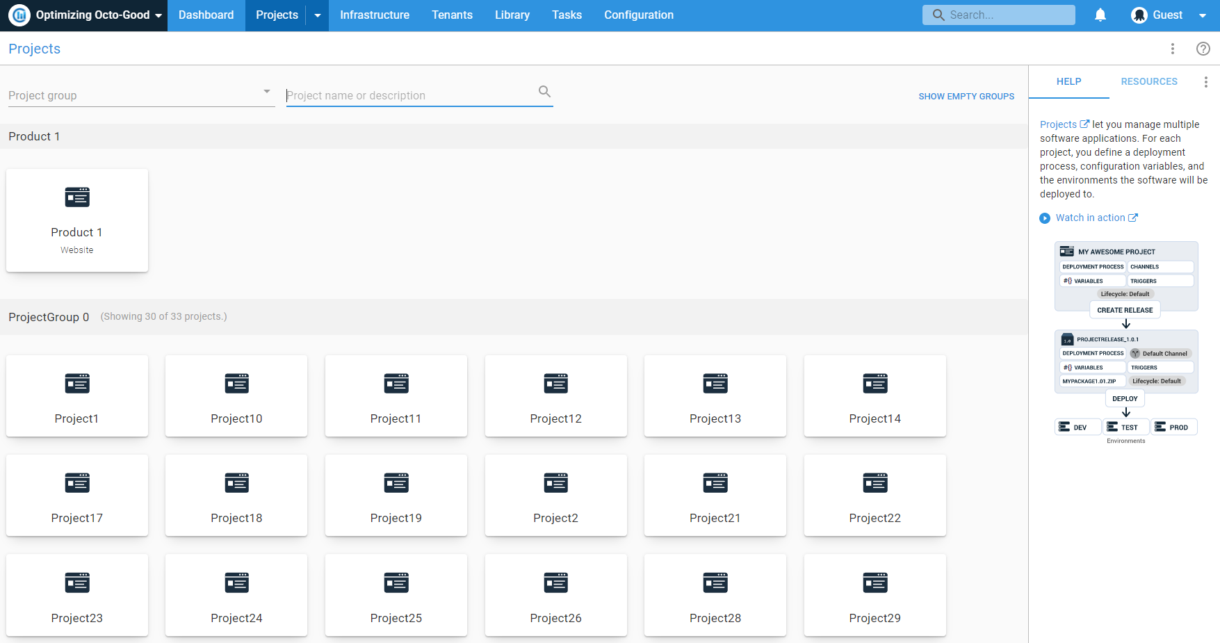 Octopus dashboard showing projects in Octopus, all grouped logically using Project Groups