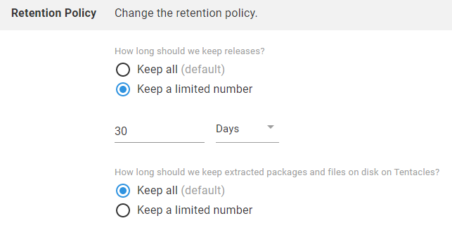 Screenshot showing a lifecycle's retention policy in Octopus