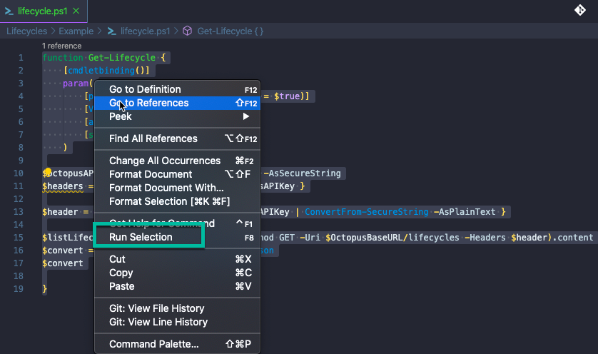 Run selection option in VS Code