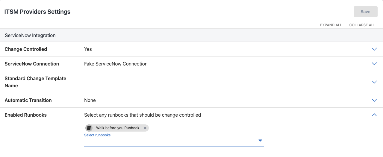 ITSM settings window showing new functionality of ITSM for Runbooks