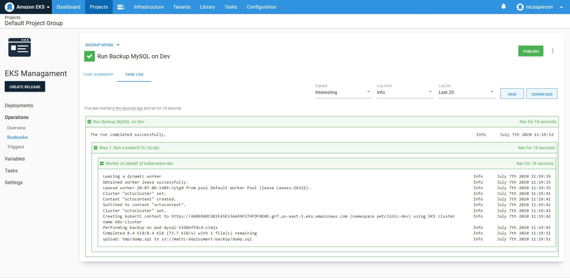 The result of executing the database backup