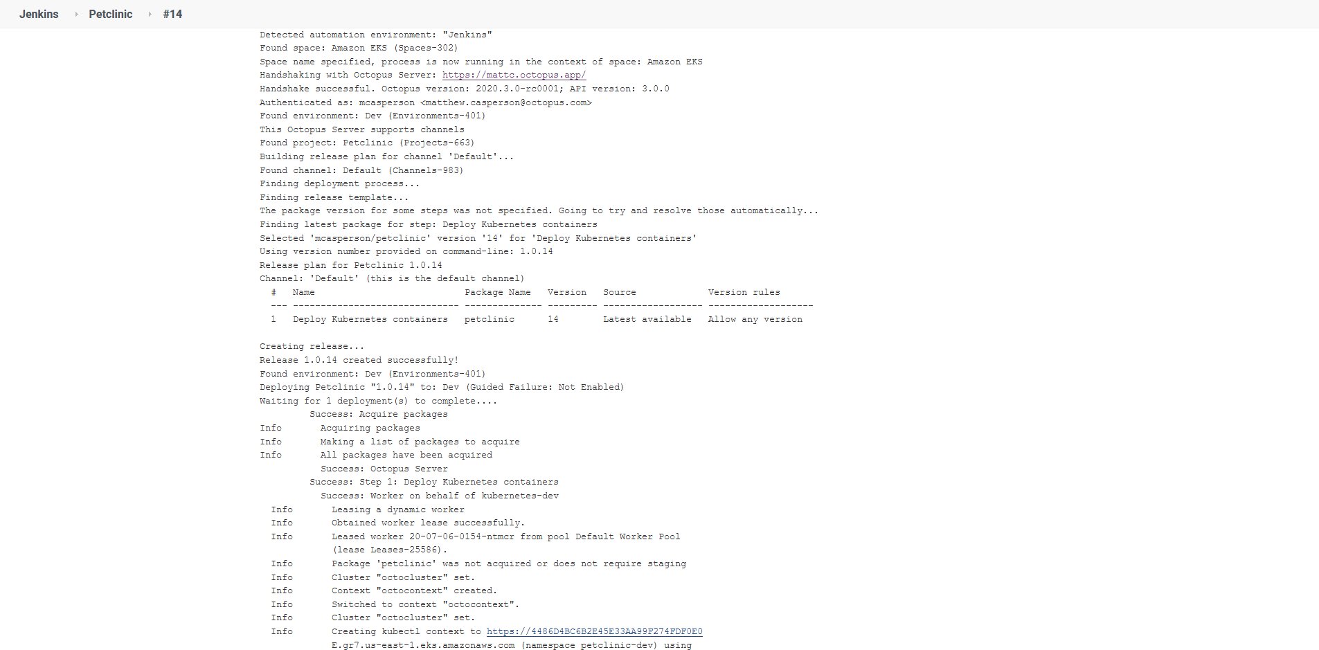 Jenkins project build logs showing the Octopus deployment output