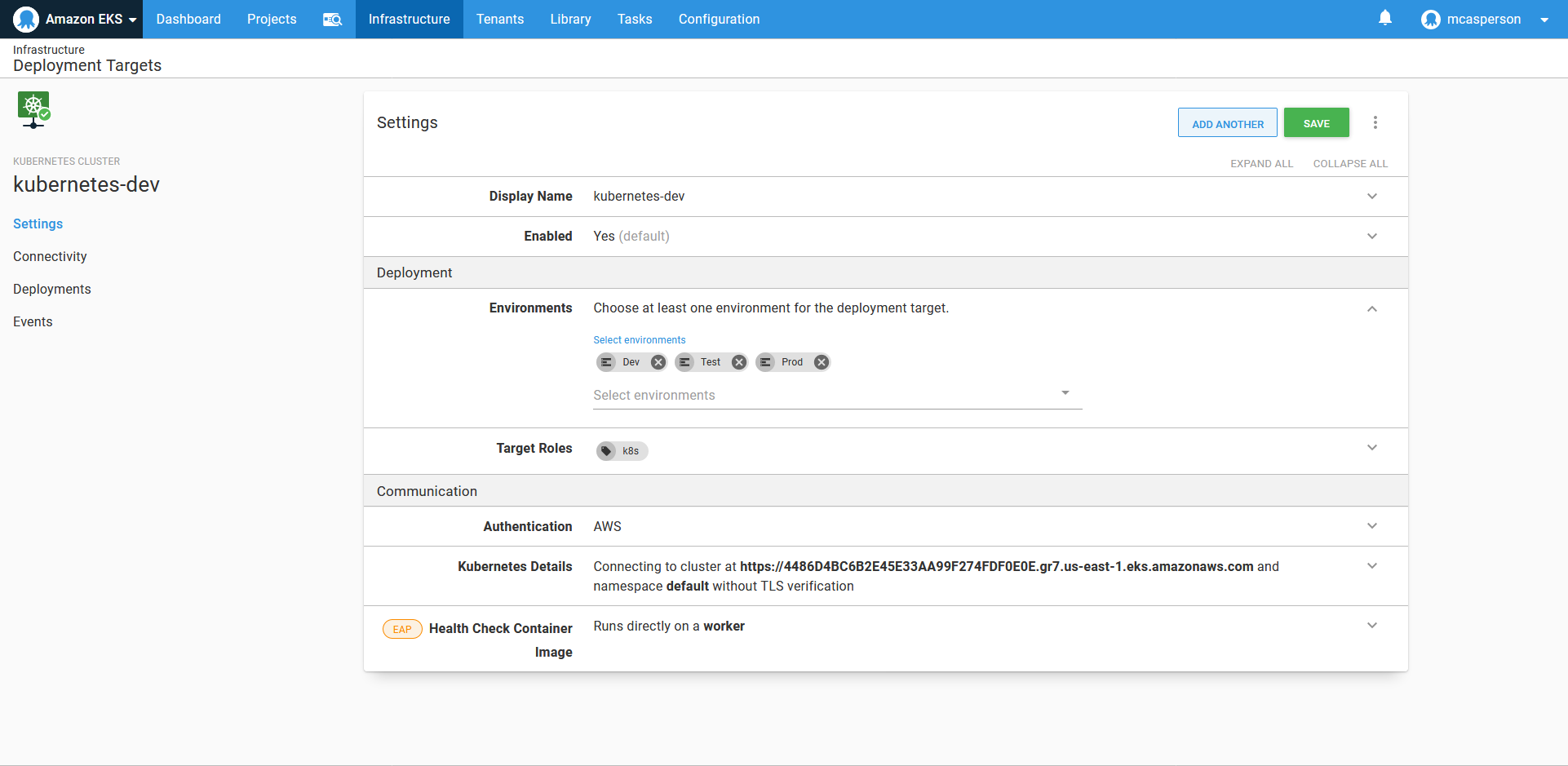 Add the Kubernetes target to the new environments