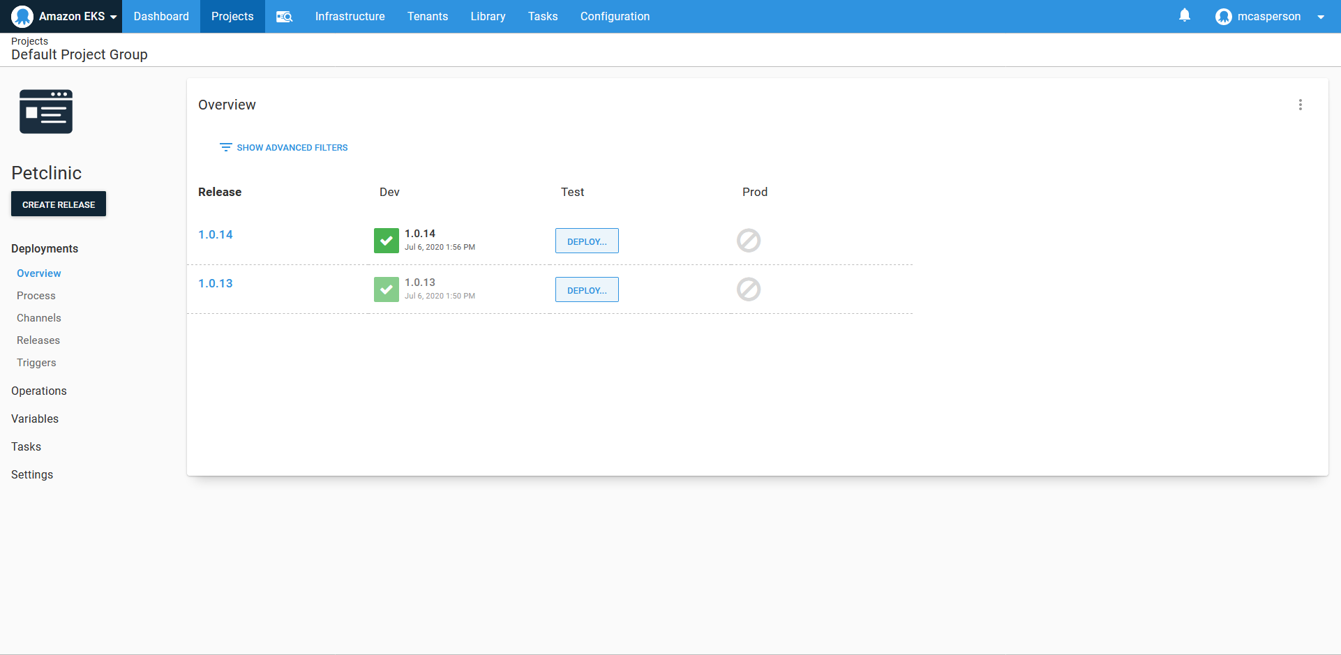 The Octopus dashboard showing the next environment to deploy to