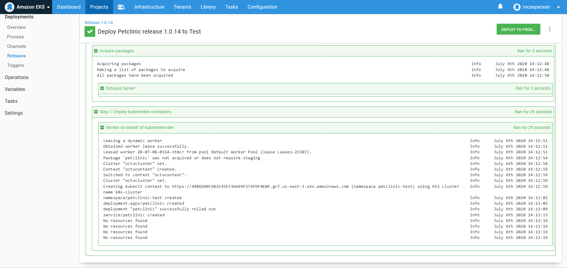 A deployment to the Test environment