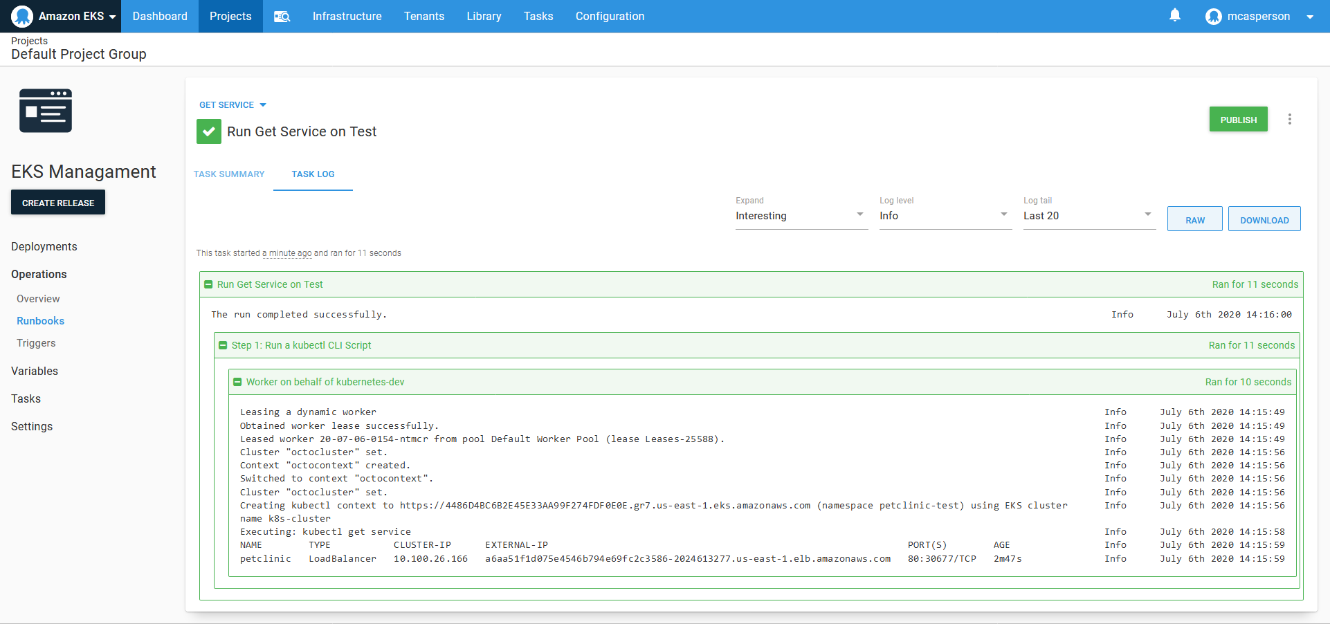 The details of the load balancer service created in the Test environment