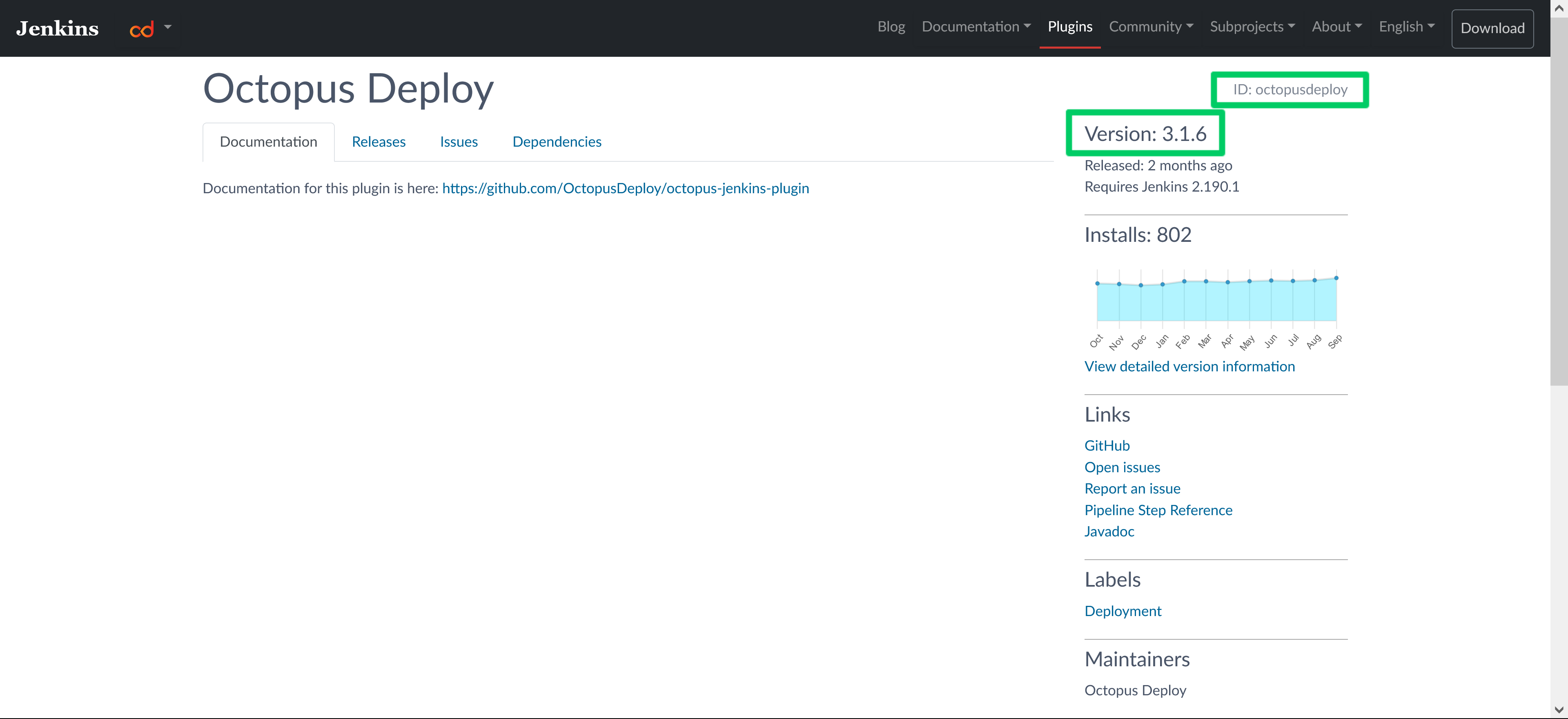 Jenkins Plugin Website with the ID octopus deploy and version 3.1.6 highlighted