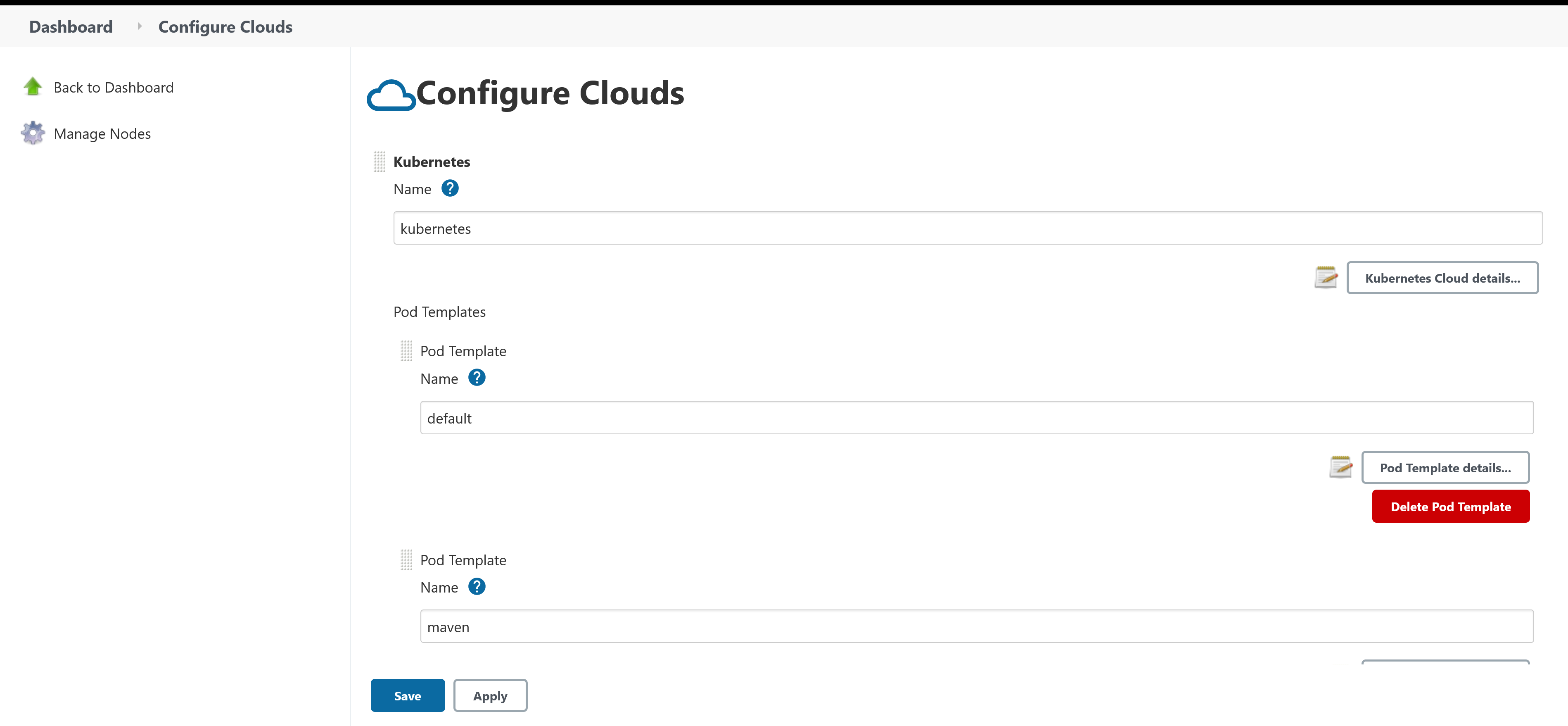 Jenkins K8s Cloud, Configure Clouds screen