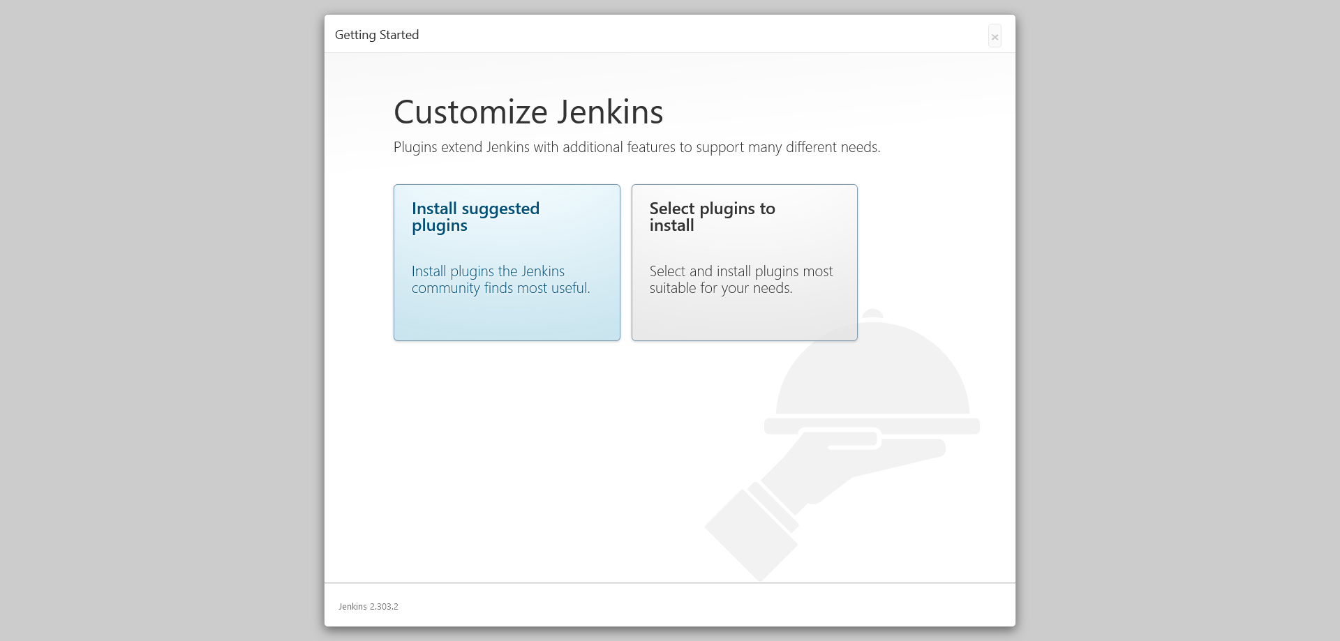 Jenkins Configuration showing Customize Jenkins screen with Install suggested plugins selected