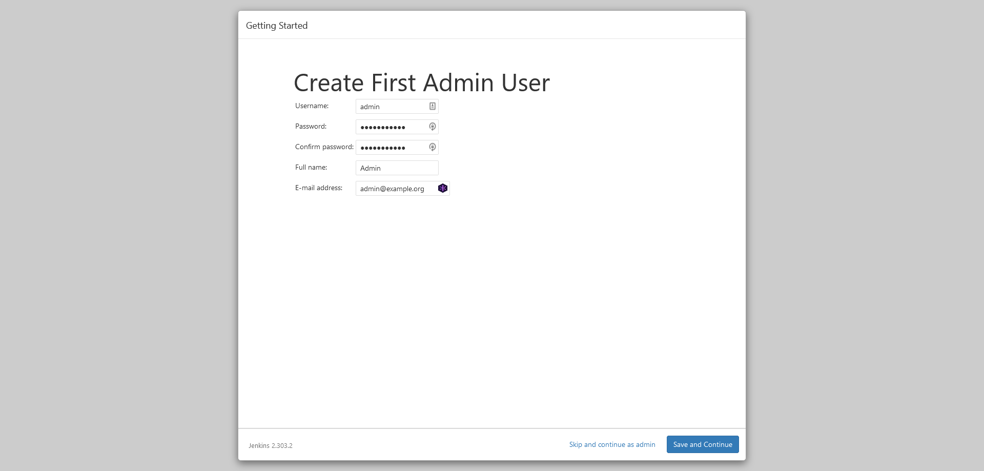 Jenkins Configuration screen showing Create First Admin User with Save and Continue button highlighted