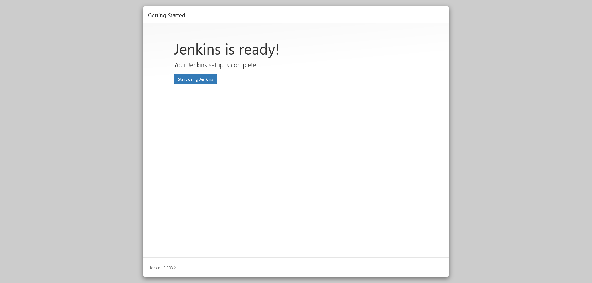 Jenkins Configuration screen showing Jenkins is ready message