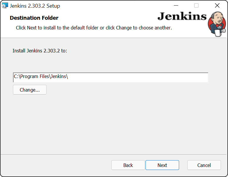 Jenkins Windows Installer showing Destination Folder screen