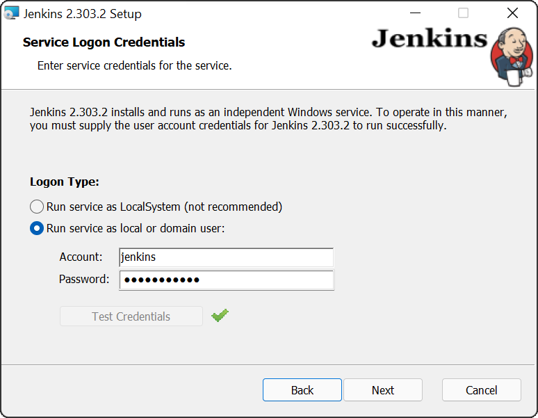 Jenkins Windows Installer showing Service Logon Credentials screen with Run service as local or domain user selected