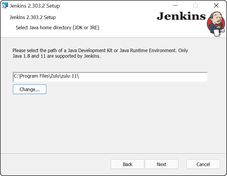 Jenkins Windows Installer open on Select Java home directory screen