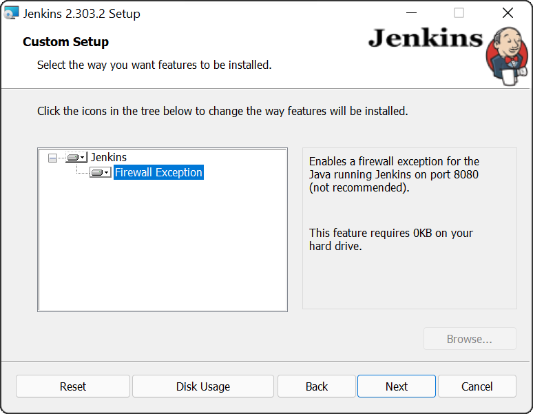 Jenkins Windows Installer open on Custom Setup screen with Firewall Exception selected