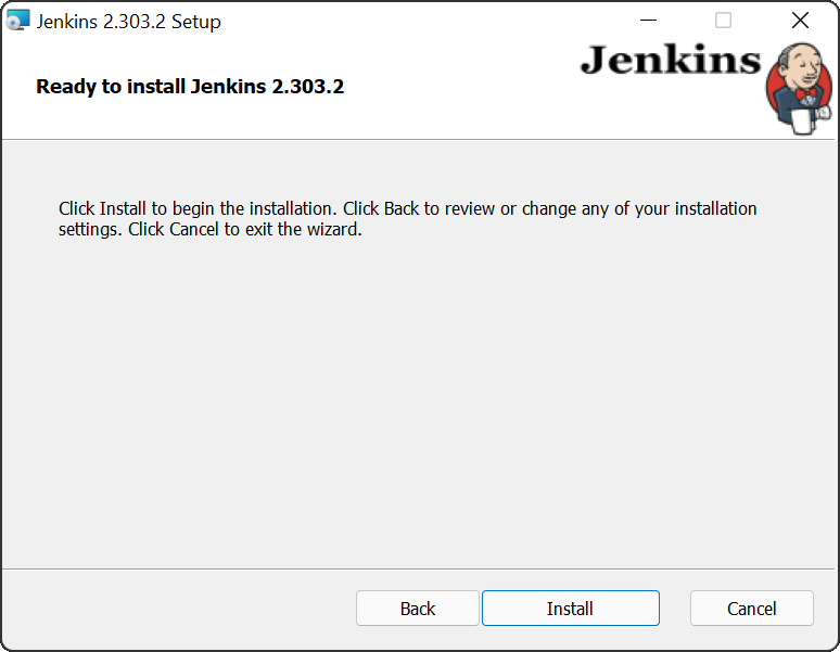 Jenkins Windows Installer open on Ready To Install Jenkins screen with the Install button highlighted