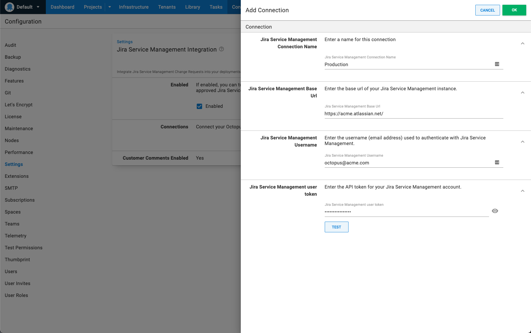 Screenshot of Octopus Deploy Jira Service Management Integration getting started