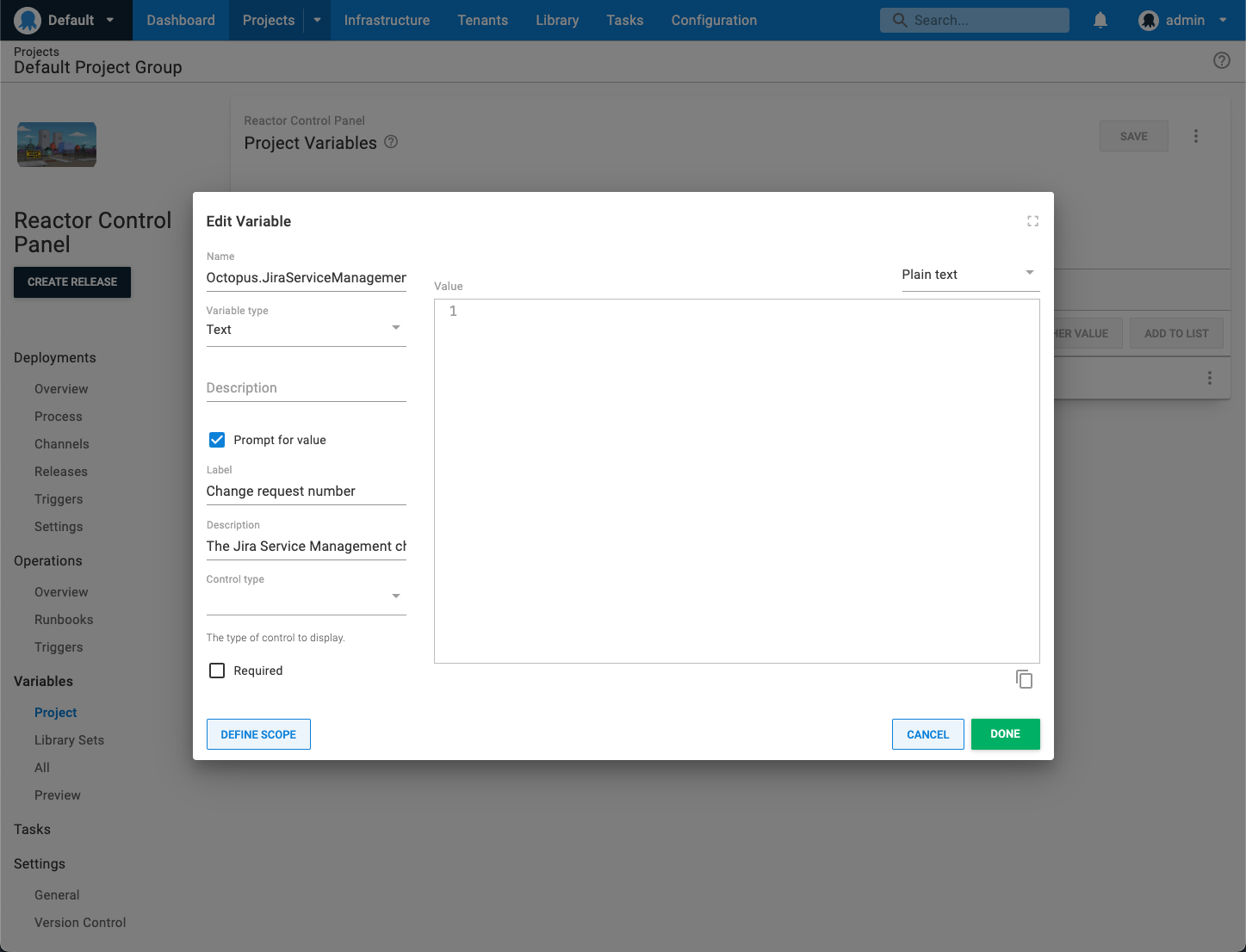 Screenshot of Octopus Deploy Jira Service Management Integration prompted variable