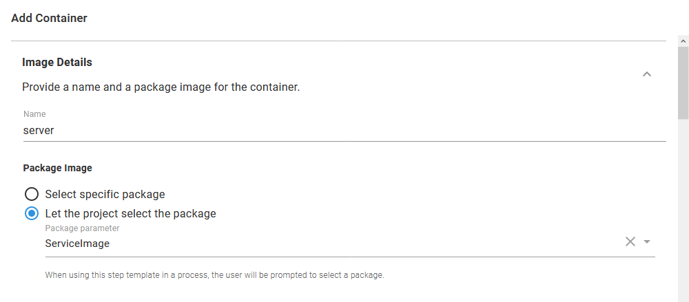 The definition of the container, allowing the Docker image to be selected by the project