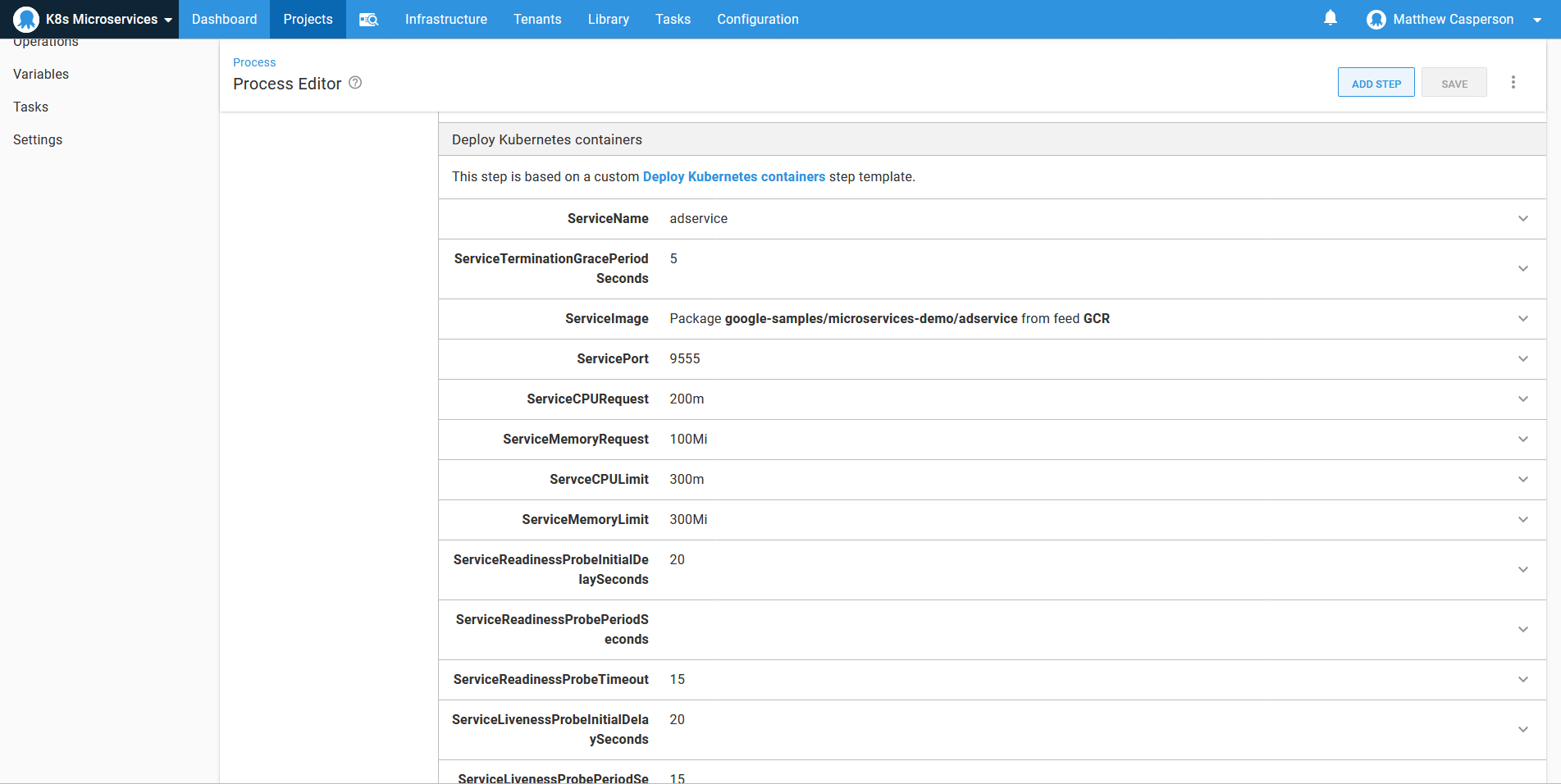 A microservice using the step template to define the deployed resources