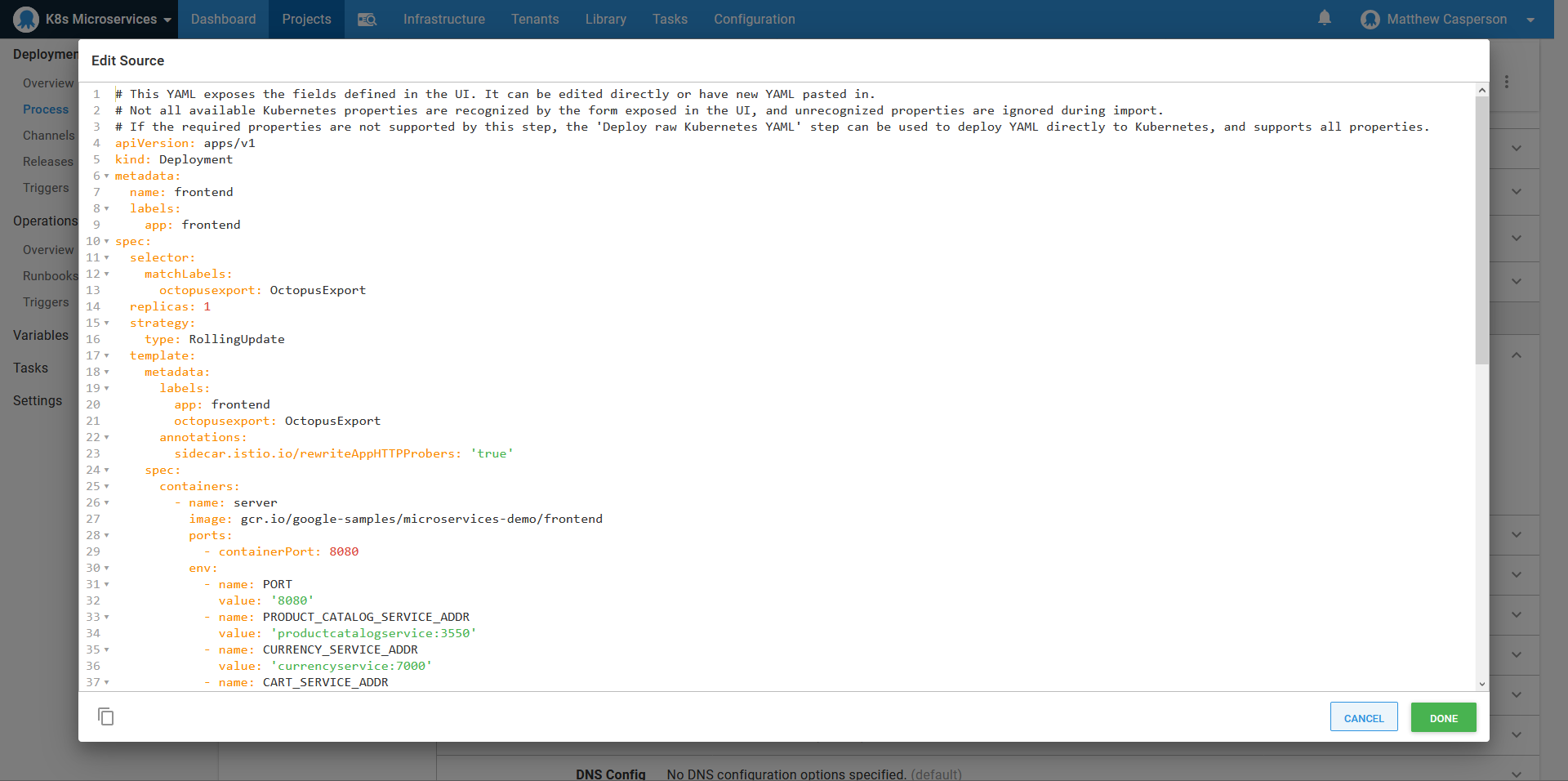 Editing raw YAML allows unique resources to quickly populate an Octopus step