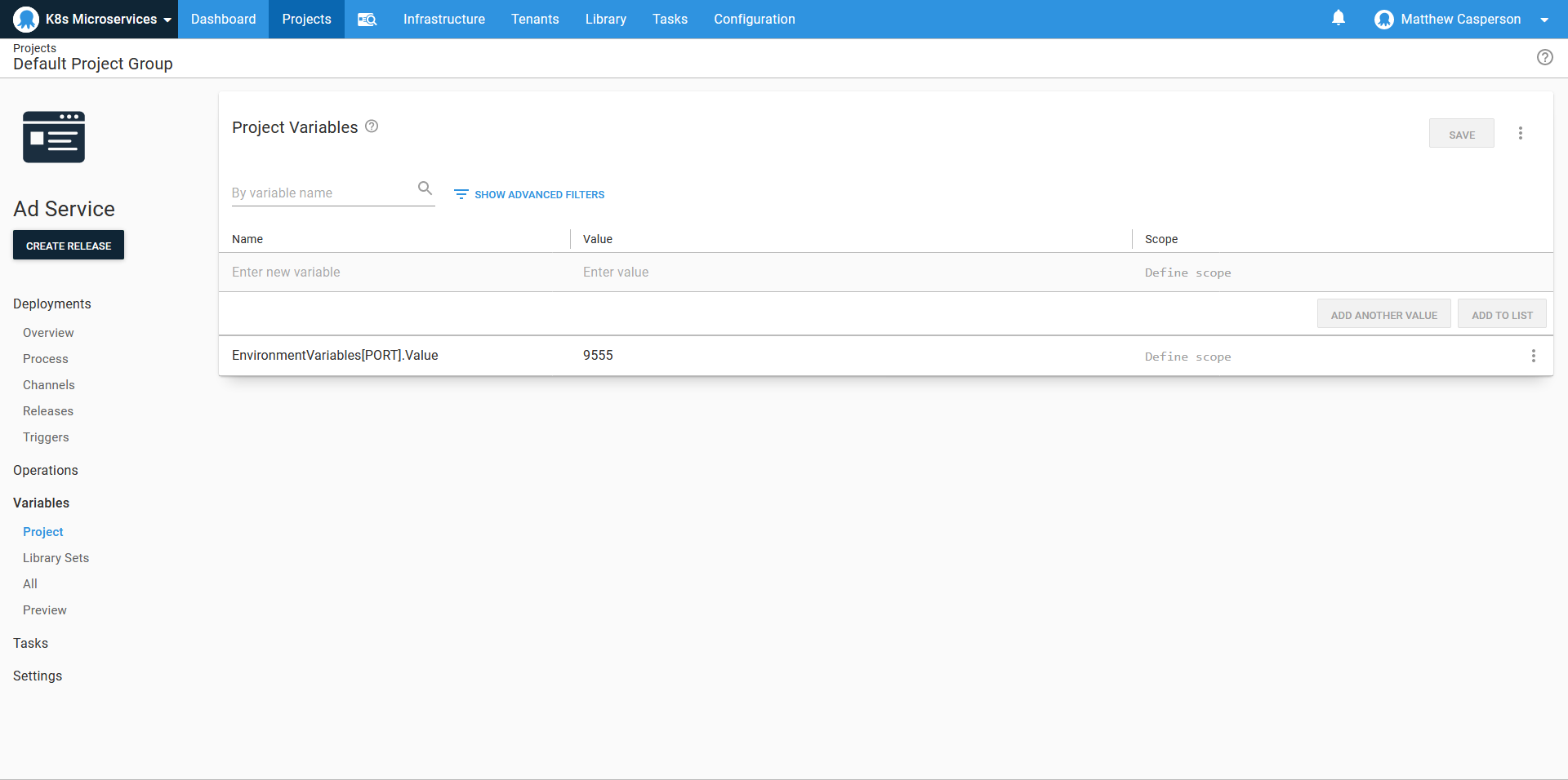 The Octopus variables that will be used as environment variables