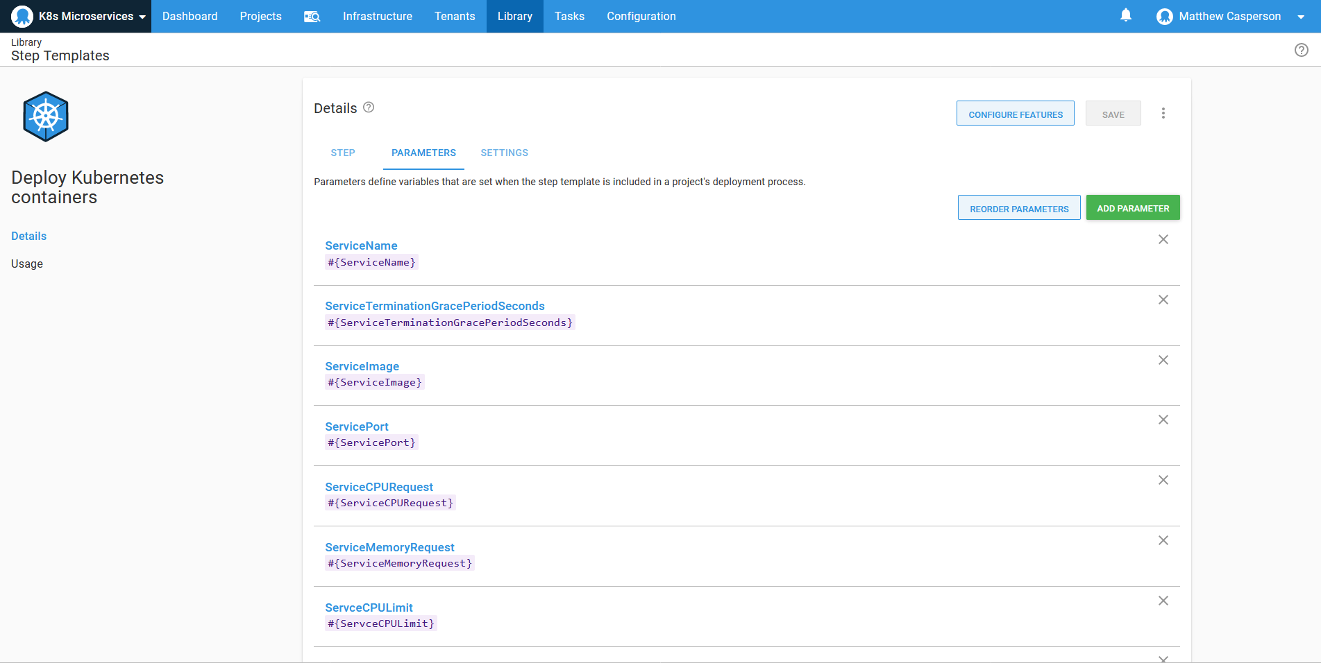 The step template parameters