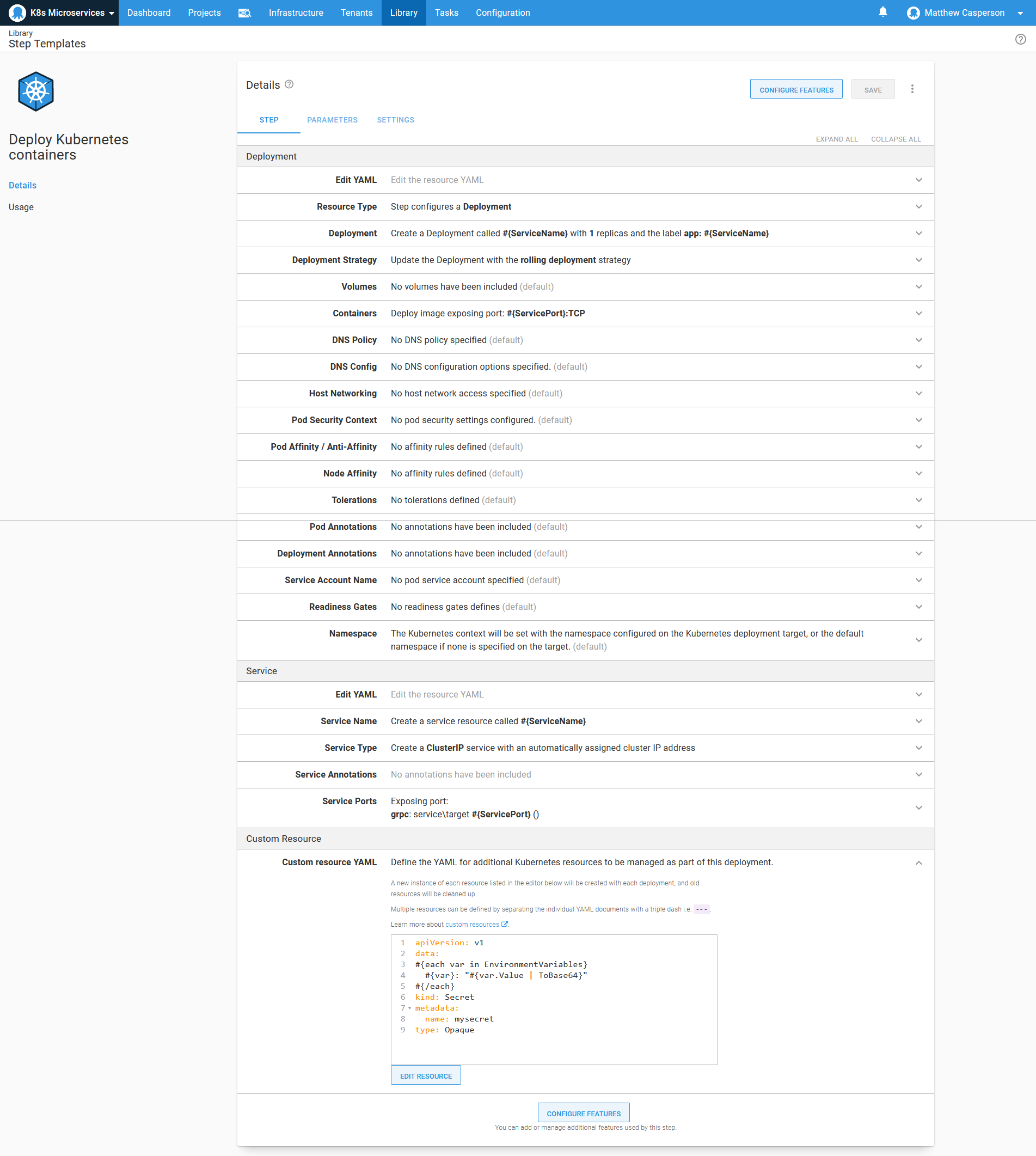 The step template with a deployment, service, and custom resource
