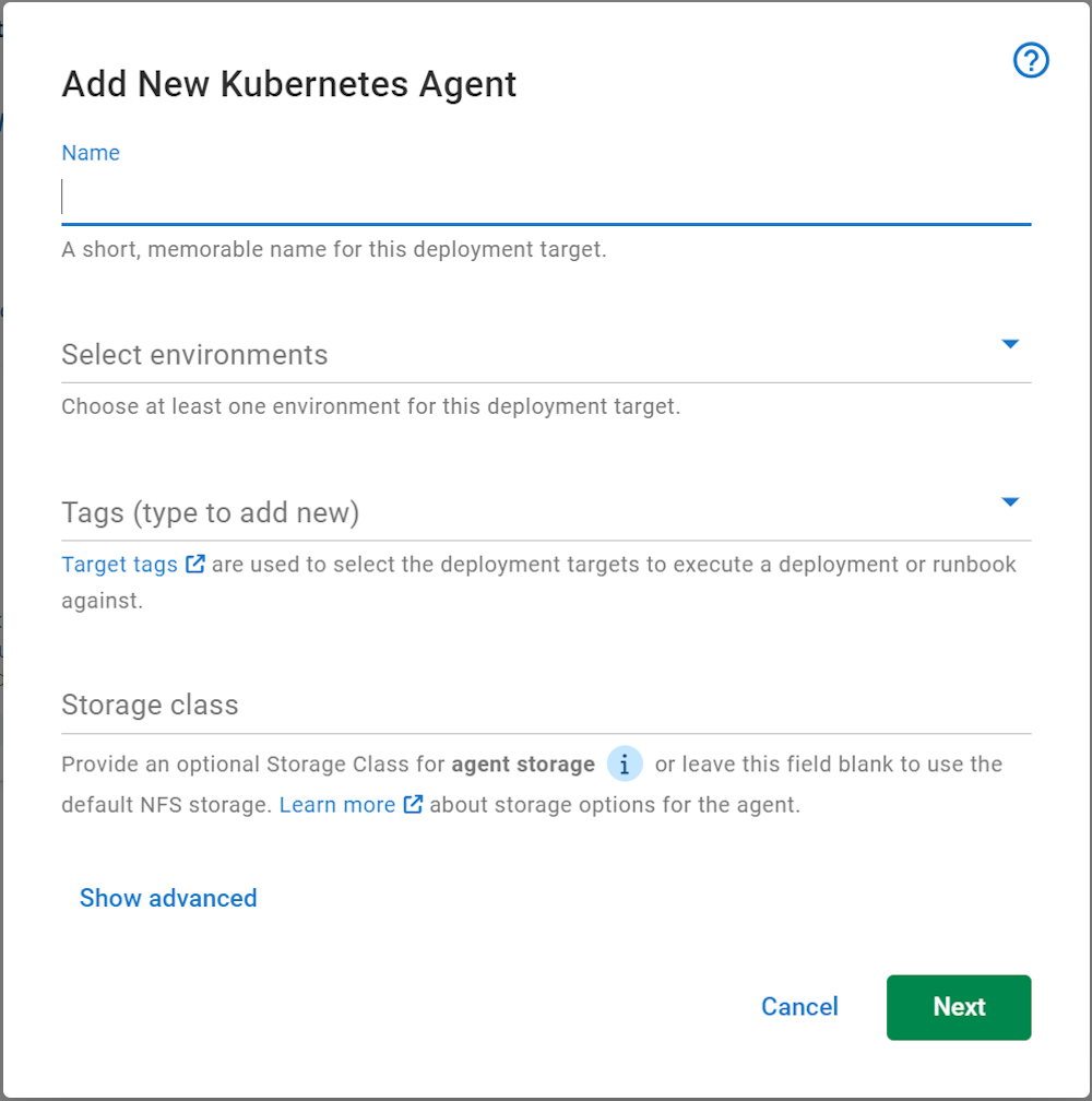 Kubernetes agent wizard configuration options