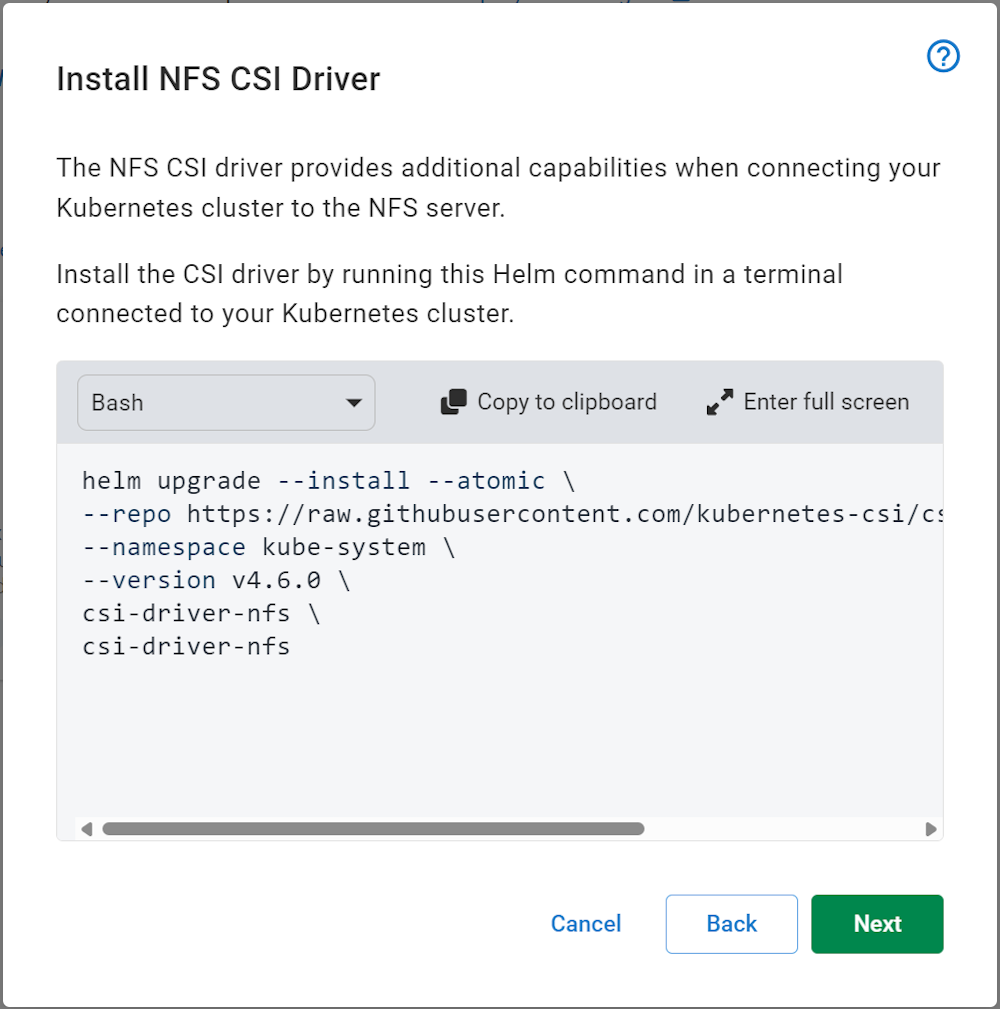 Kubernetes agent wizard NFS driver