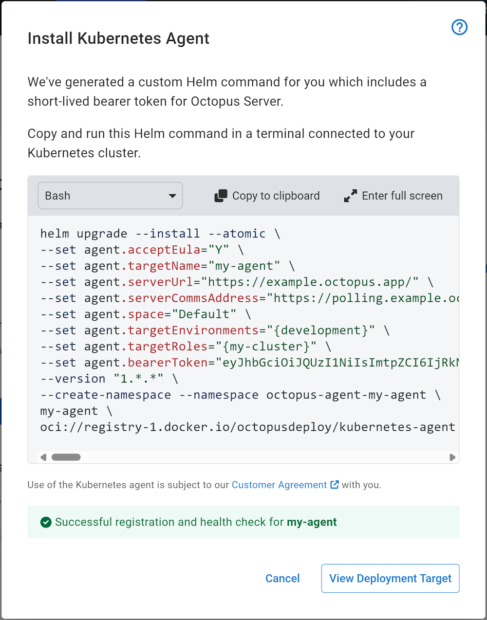 Kubernetes agent install success