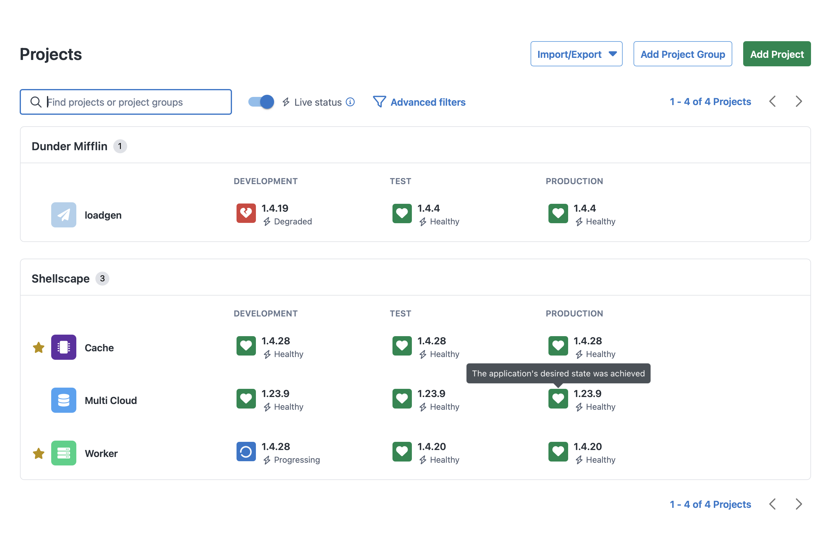 Project view with live status