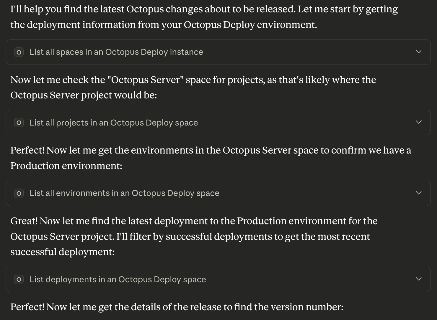 Octopus MCP finding the latest deployed version