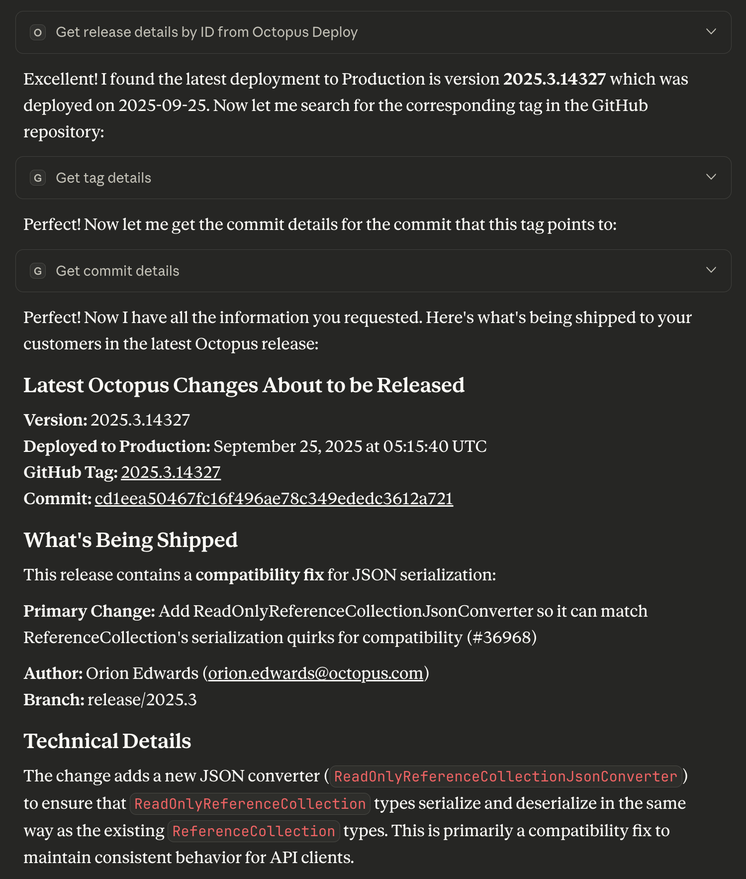 GitHub MCP finding the details of a deployed change