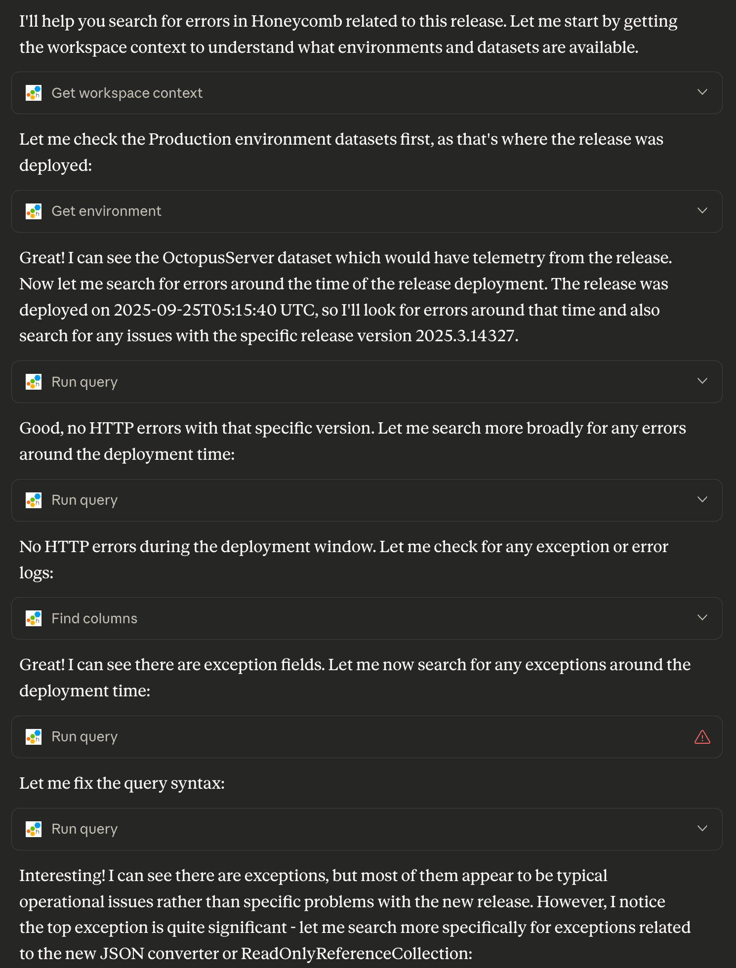 Honeycomb MCP checking for errors after a recent deployment
