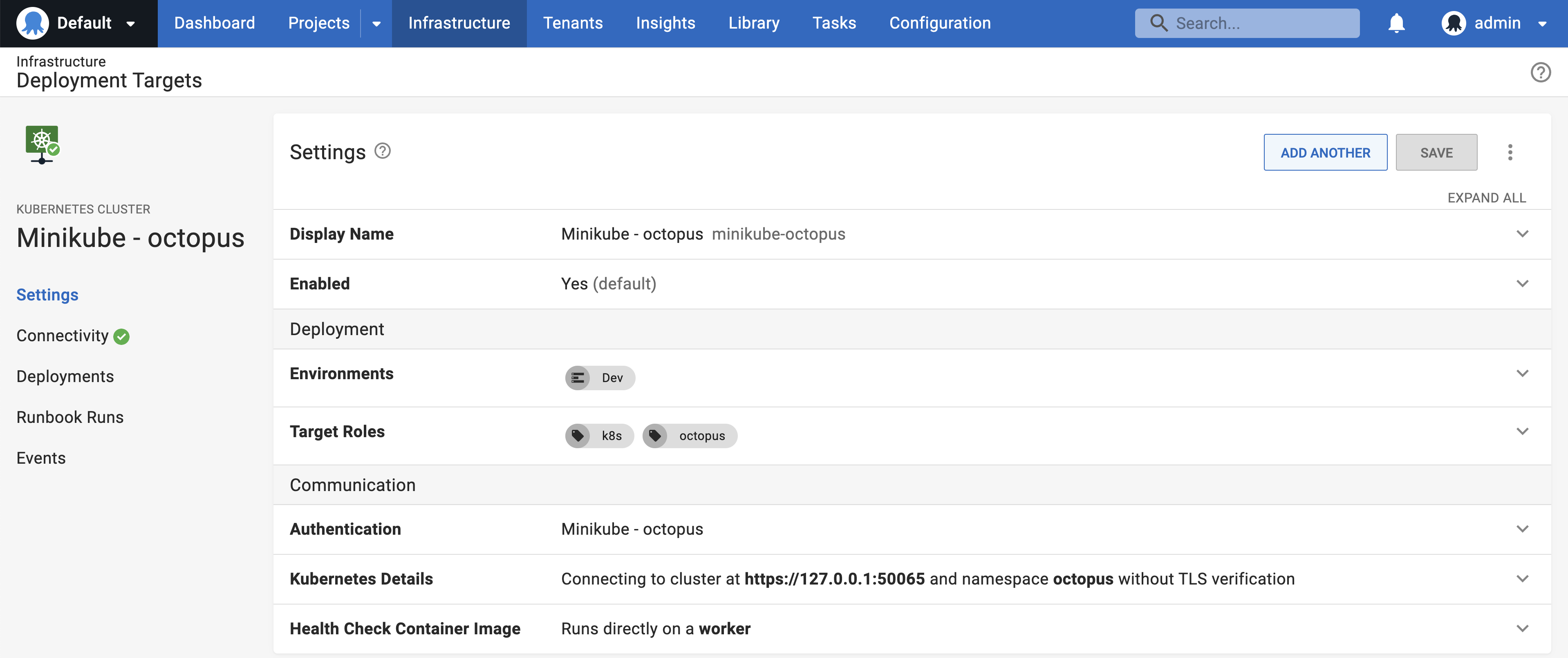 Octopus UI showing a configured Kubernetes cluster as a deployment target
