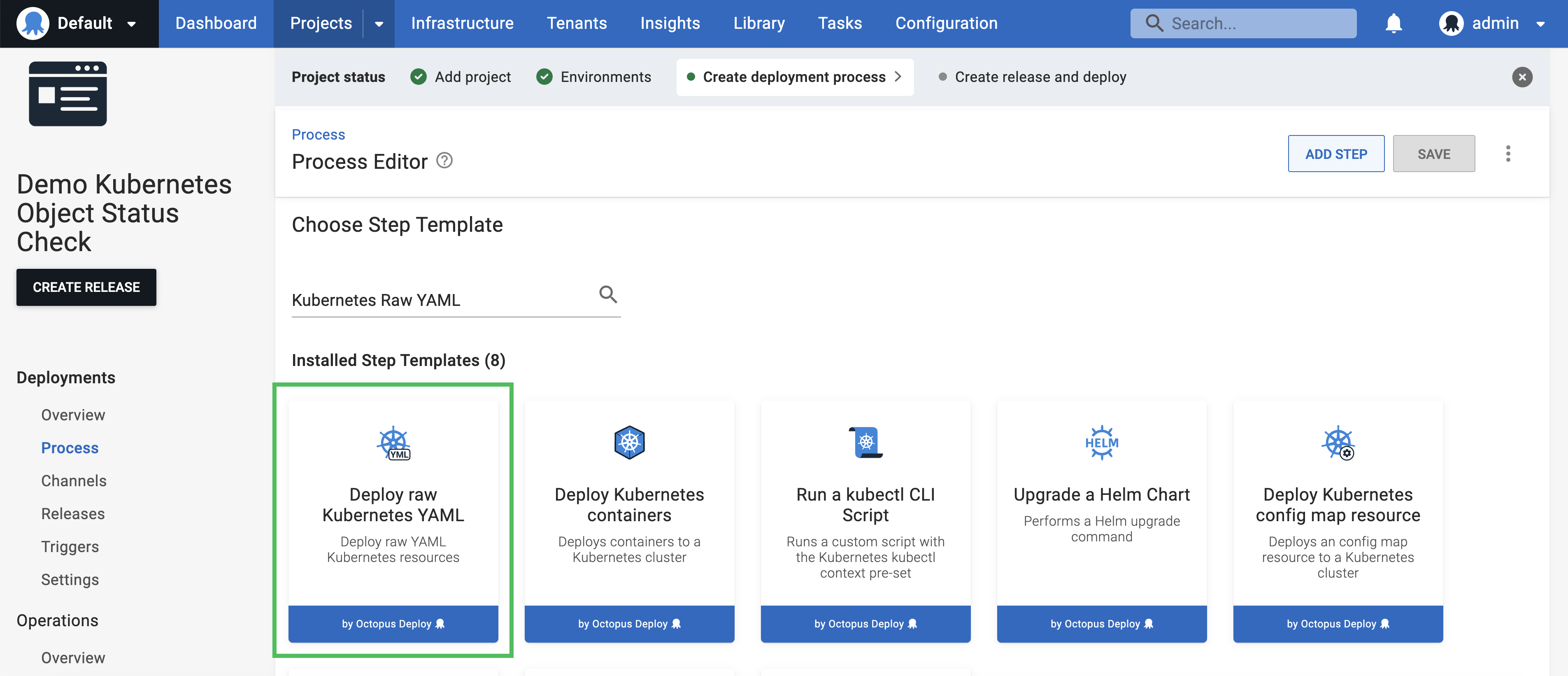 Octopus UI showing the Deploy raw Kubernetes YAML step