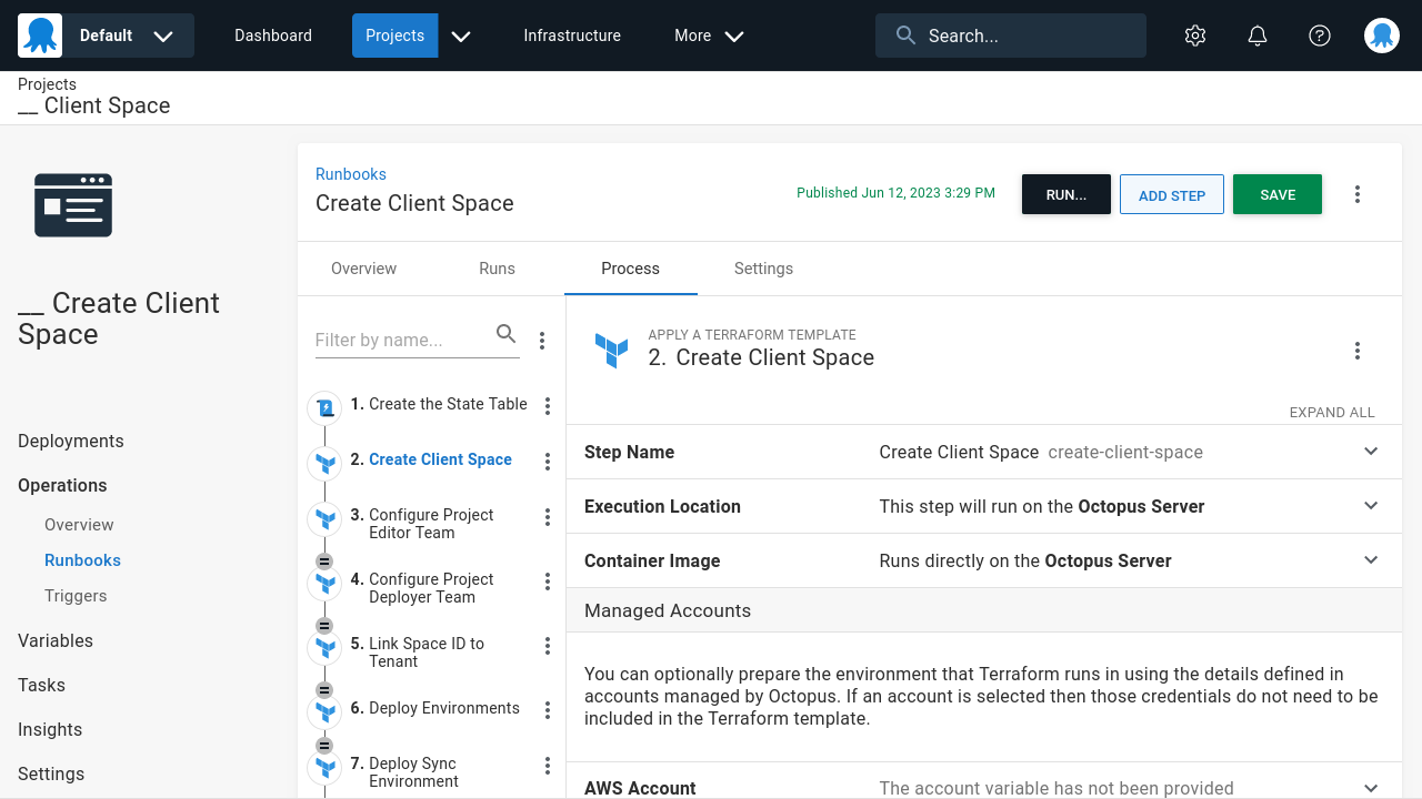 Top of the Create Client Space step