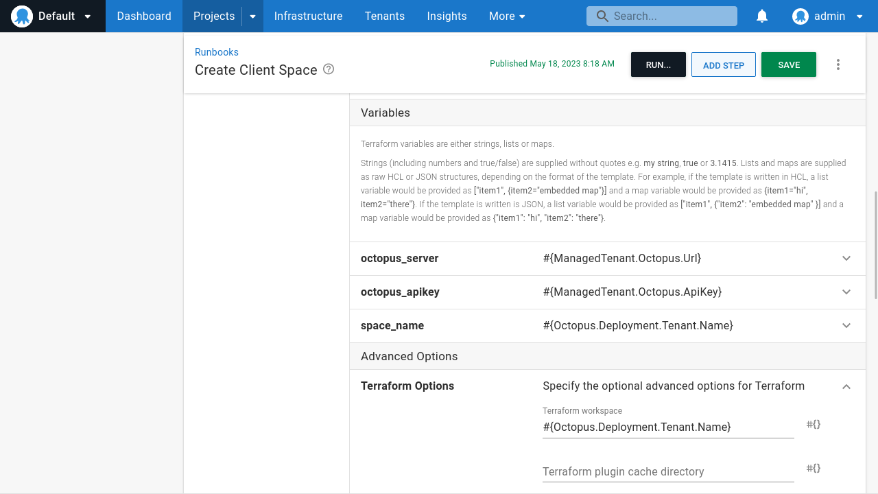 Screenshot of the create space Terraform step