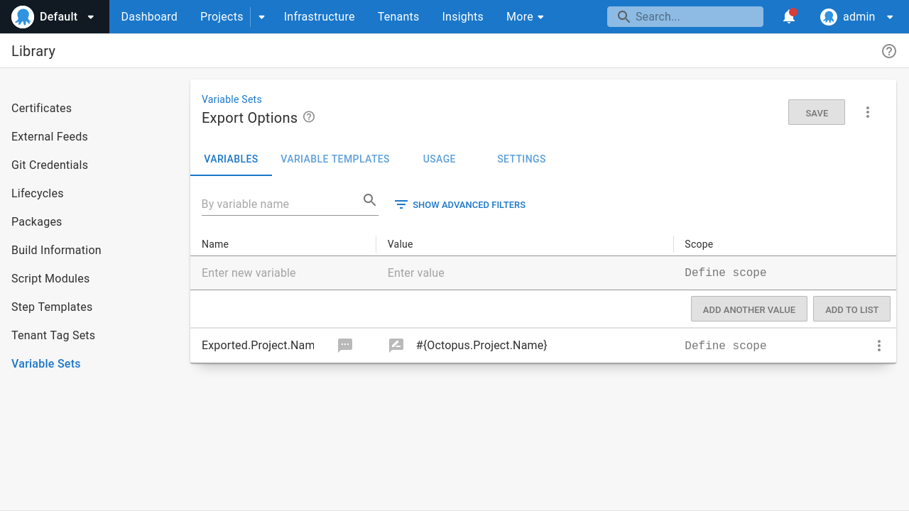 Export Options variable set screenshot