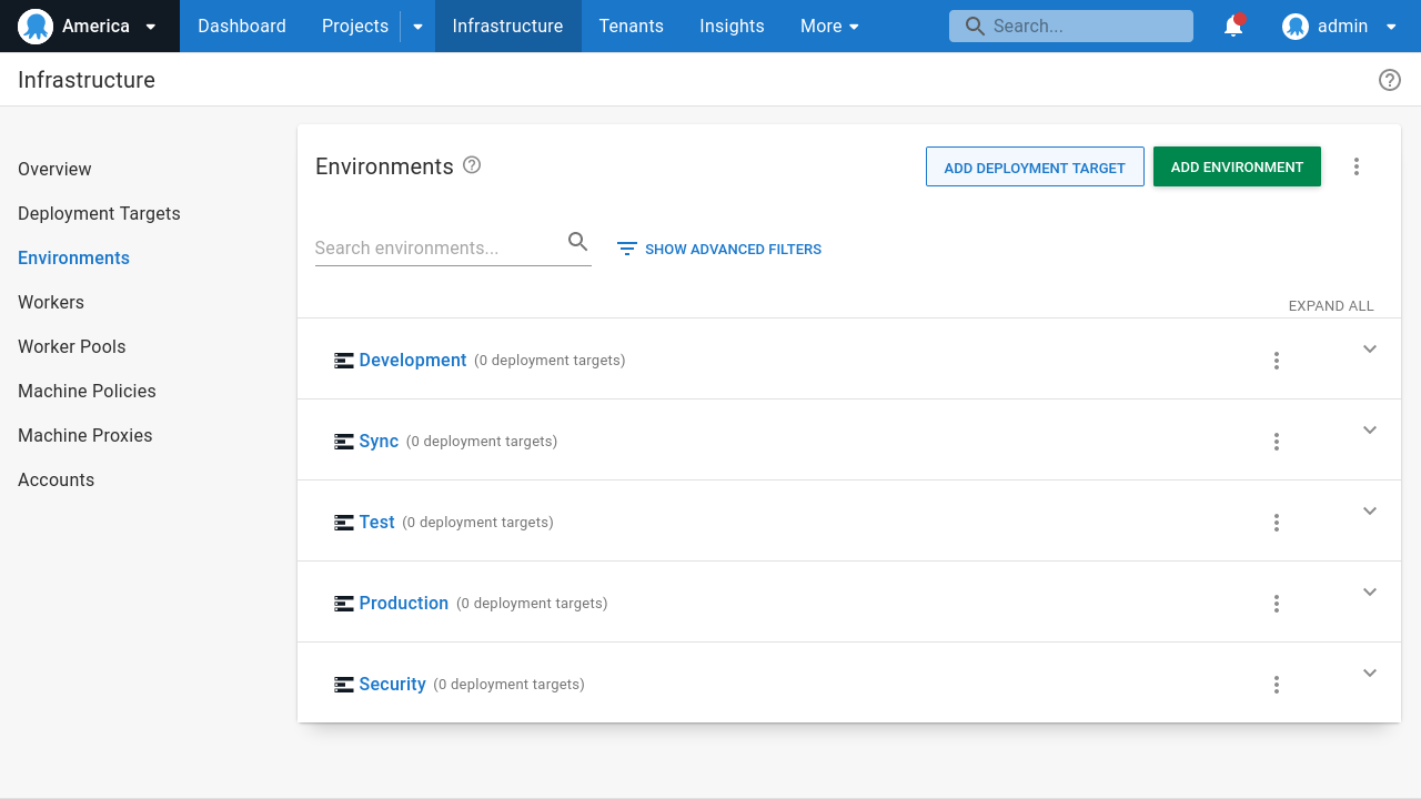 A screenshot of the environments created in a managed space