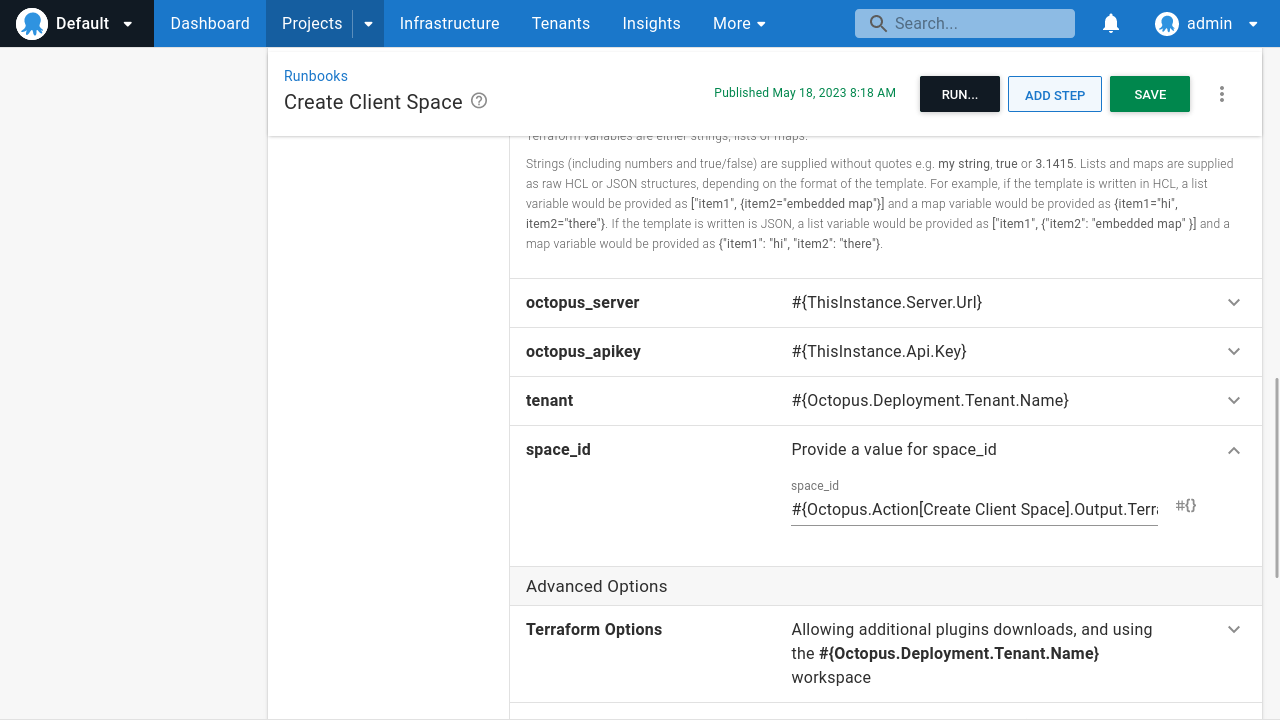 Screenshot showing the Terraform variables being set