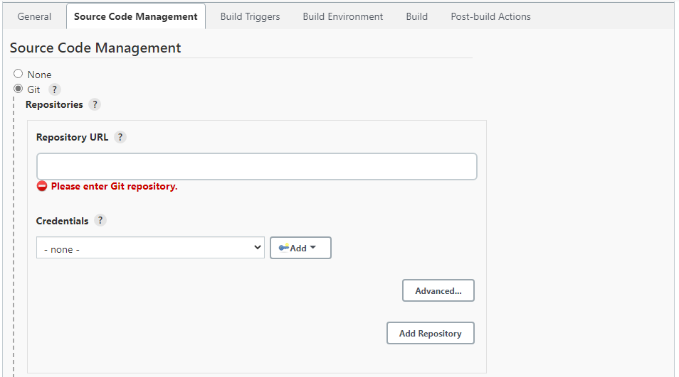 The Jenkins freestyle project setup screen showing an example of where you can select global credentials