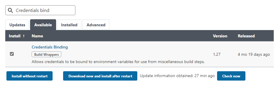The Manage Plugin screen with the 'Credentials Binding plugin' found in the store and ready to install