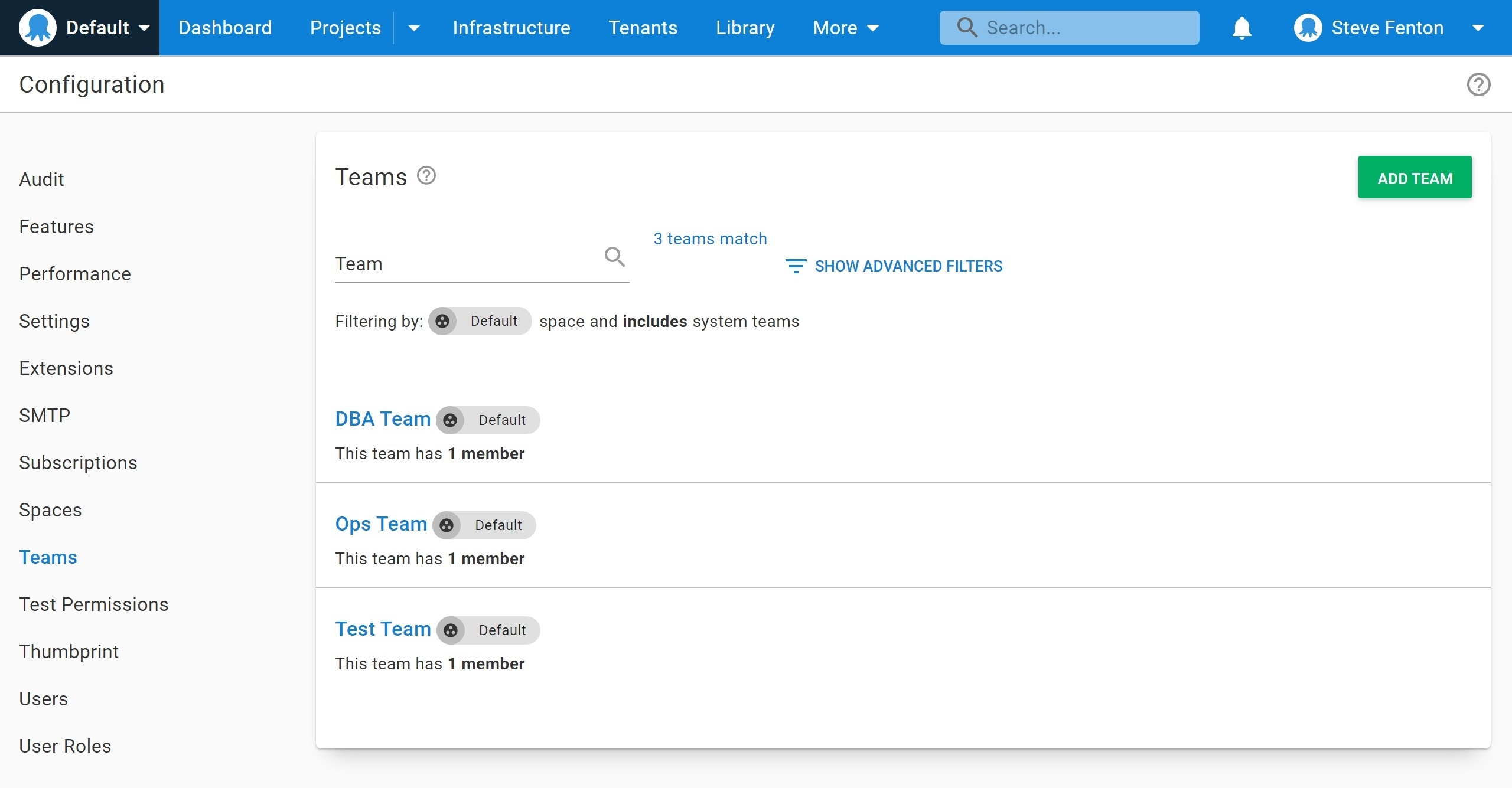 The list of teams showing the DBA team, the Ops team, and the test team