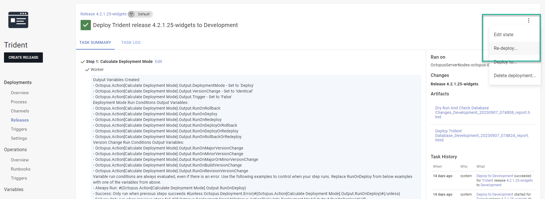 Redeploying the previous release via the overflow menu.