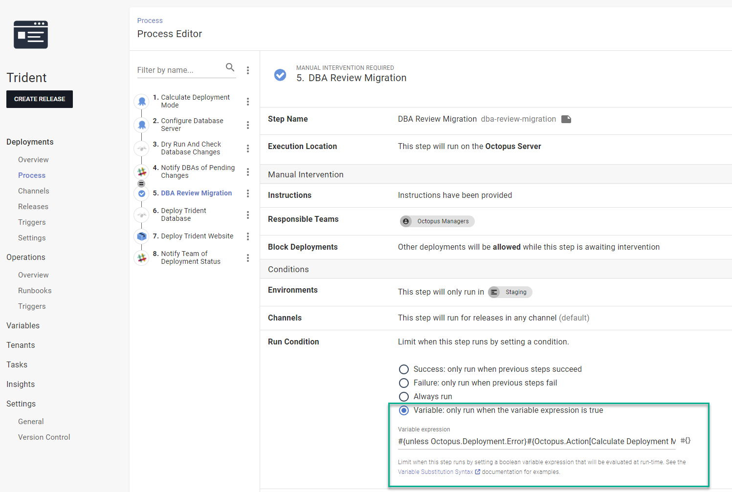 Adding the variable run condition to each database step