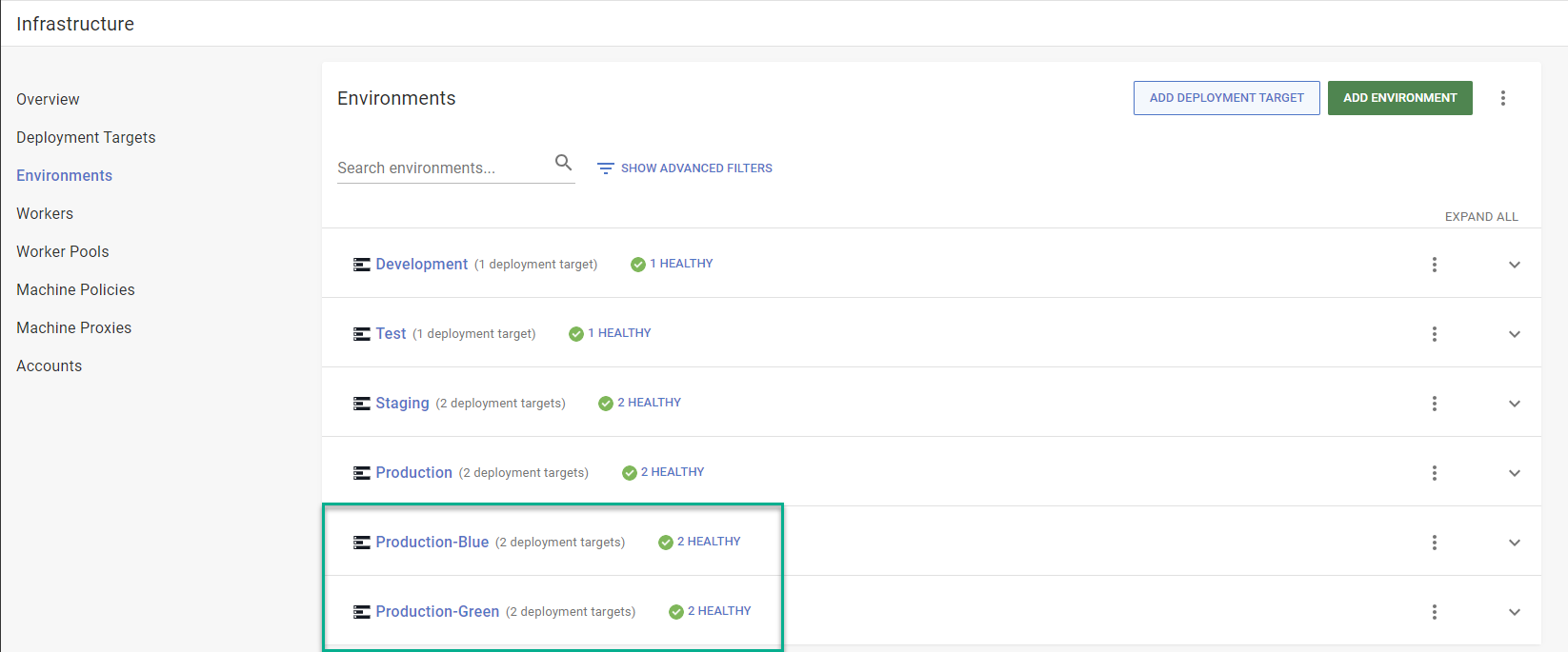 Production-Blue and Production-Green added as environments.
